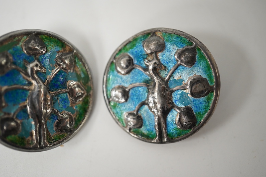 A set of 4 Liberty & Co Cymric enamelled silver buttons, decorated with peacocks, Birmingham 1901, 26mm, Condition - good